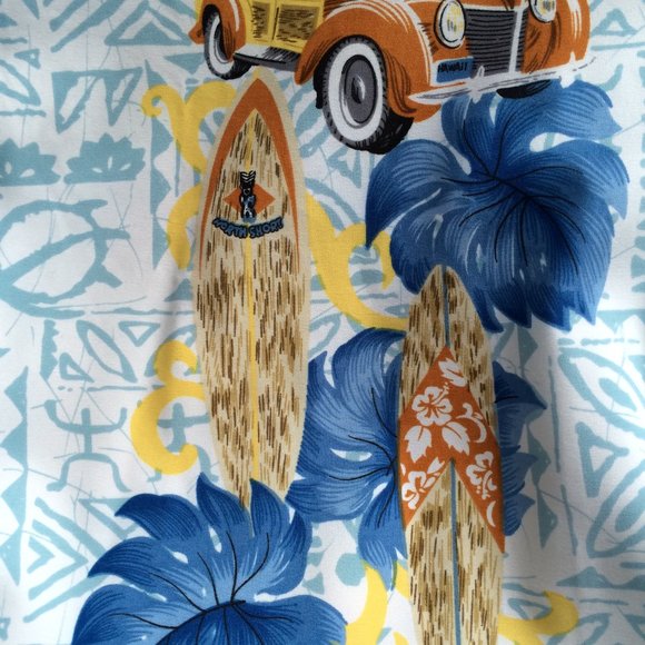 Maui Maui Hawaiian Button Shirt Large Woody Wagon Surf Board Truck Hibiscus Leaf - Picture 6 of 8